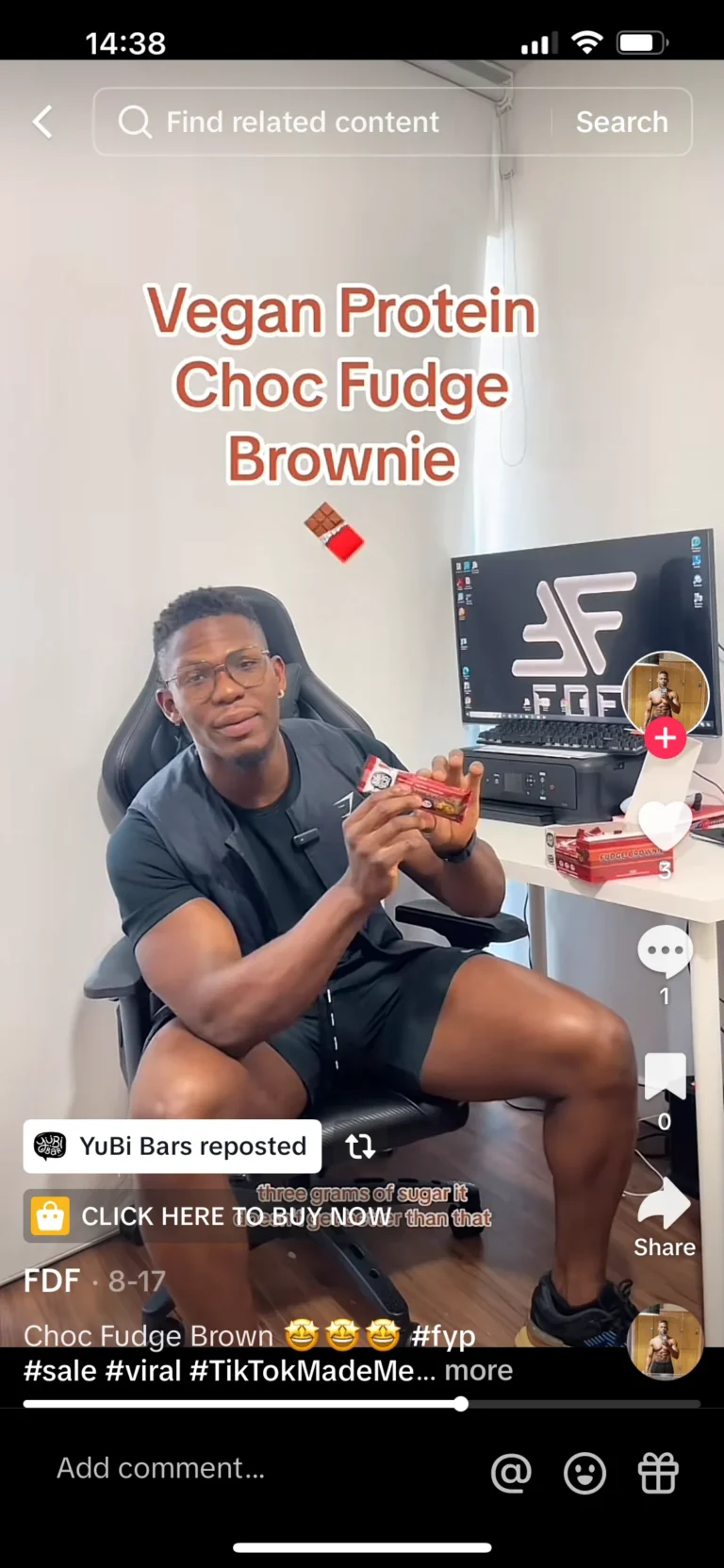 man_enjoying_yubibar_choc_fudge_brownie_protein_bar